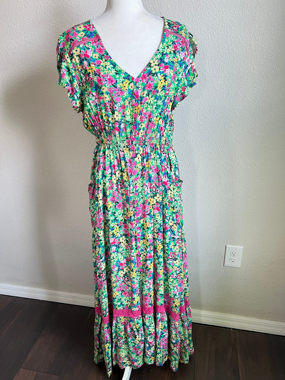 Proud Poppy Louisa Green Floral Maxi Dress Women's 8 Short Sleeves Cottage NEW